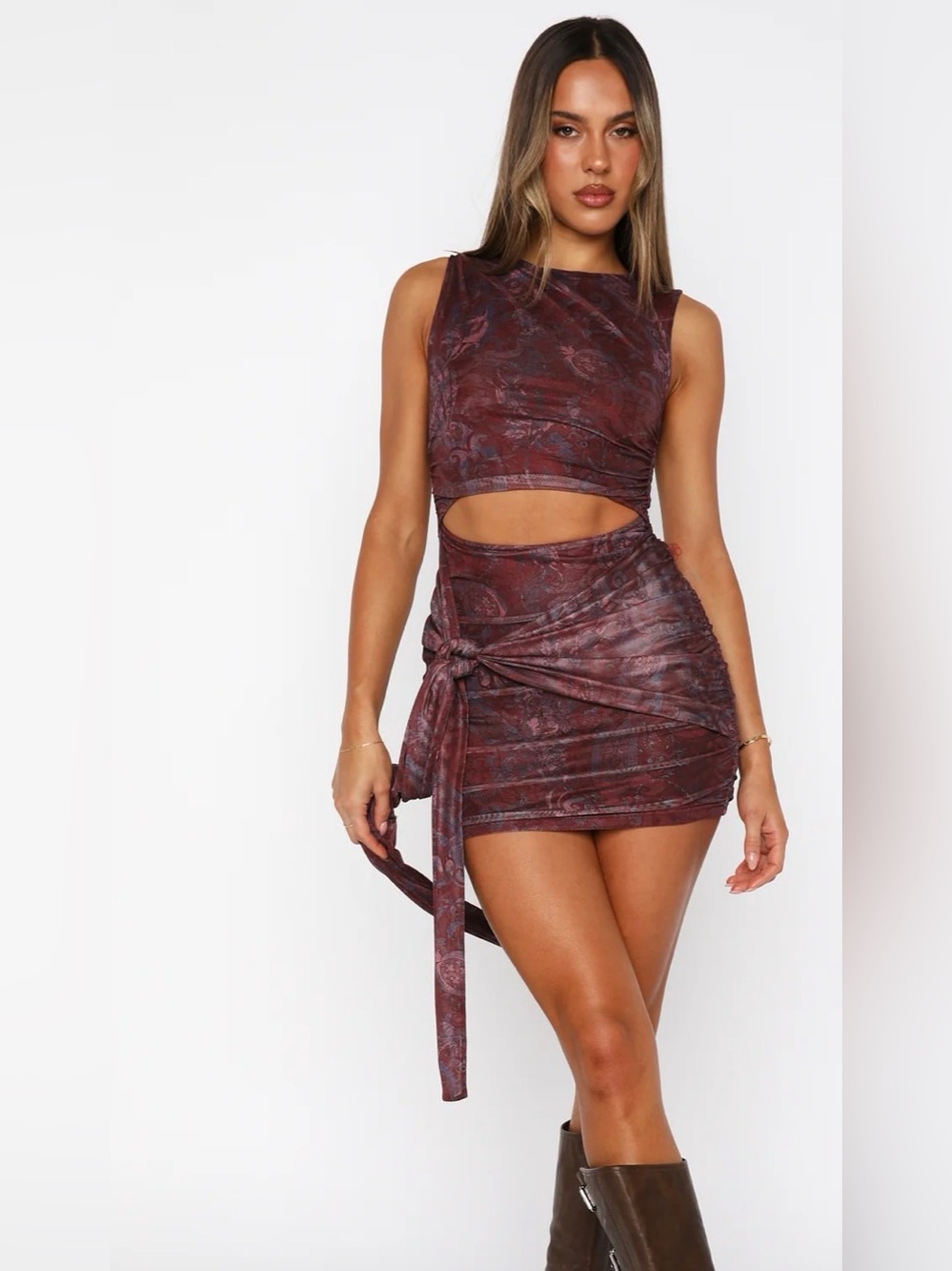 White Fox Boutique Too Much Heat Mesh Mini Dress Burgundy Paisley